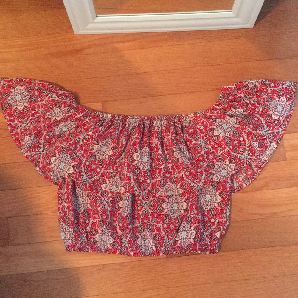 Patterned Off Shoulder Red Flowy Crop Top